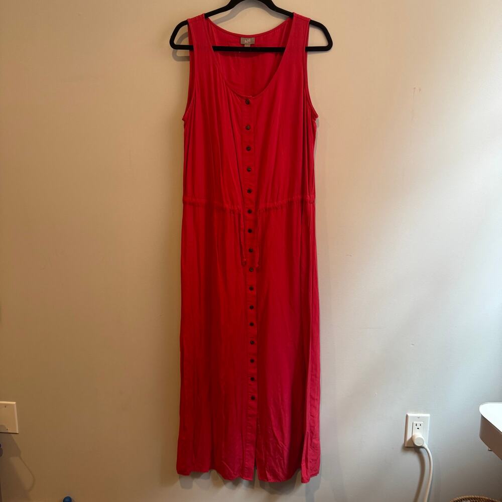 J. Jill Button Front Maxi Dress Watermelon Red Pink Tie Waist Sleeveless Sz L